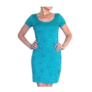 Tiana B. Turquoise Lace Sheath Cap Sleeve Dress - Size Small